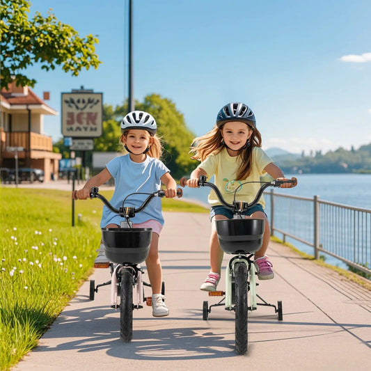 12-Inch Kids Bike with Training Wheels DirectDeals, pastel bikes with helmets and baskets on Tampa Home & Garden Store