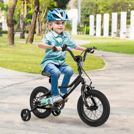 12-inch Costway kids bike adjustable for 3–4 years with training wheels and car decals on Tampa Home & Garden Store