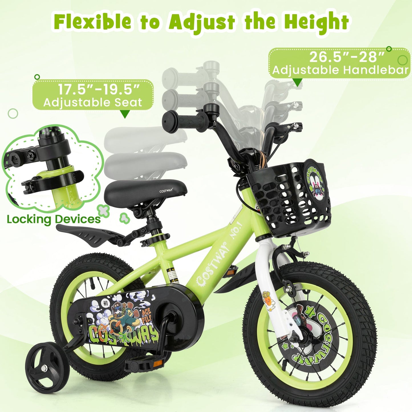 12 Inch Kids Bike Adjustable with Detachable Training Wheels for 3-4 Years Old-12 inches