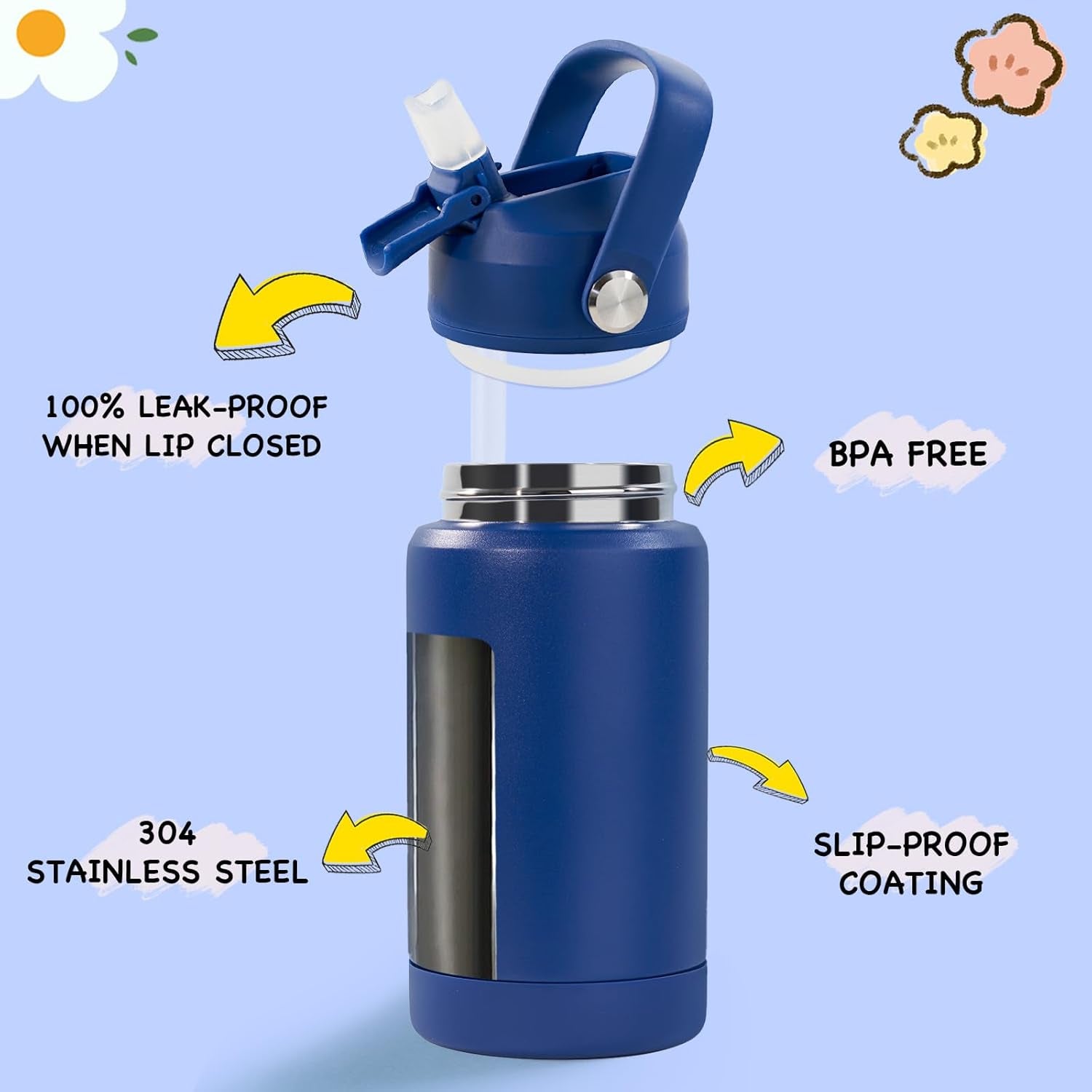 12Oz Kids Water Bottle, Stainless Steel Insulated Water Bottle for Kids, Toddler Cup with Straws Leak-Proof, Kids Water Bottles for School Boys Girls, BPA Free, Blue - Tampa Home & Garden Store