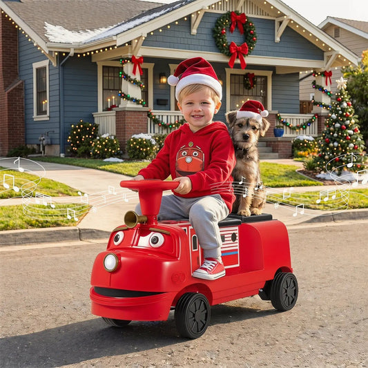 DirectDeals 12V Kids Ride-On Train red with adjustable seat and music, child riding with dog on Tampa Home & Garden Store
