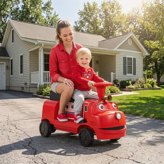 12V Kids Ride-On Train DirectDeals red toy with adjustable seat and music, two riders on Tampa Home & Garden Store