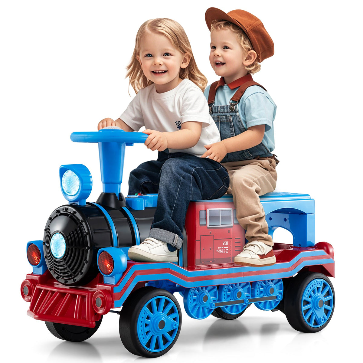 12V 2-Seater ride-on train toy in blue and red with removable seat and train whistle on Tampa Home & Garden Store