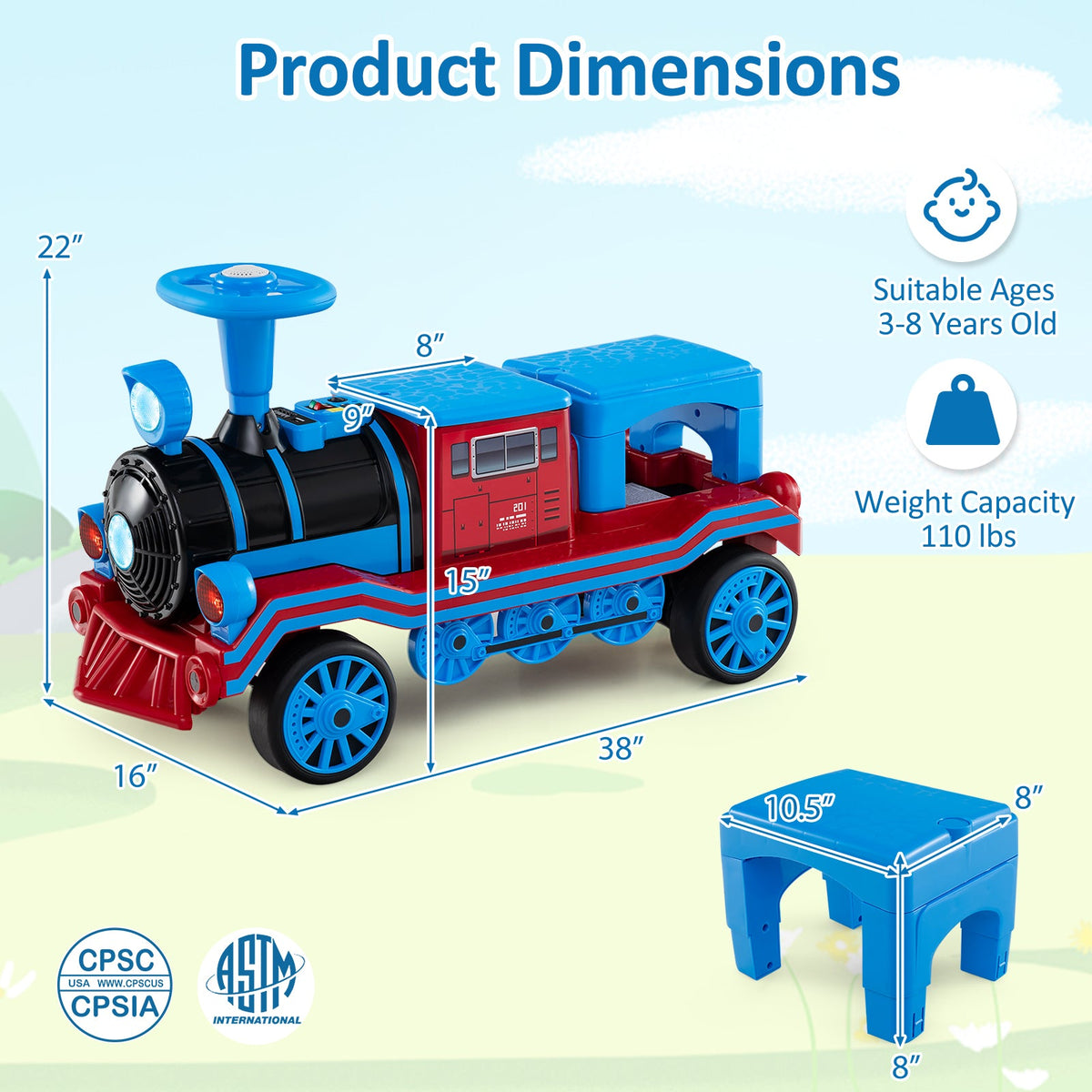 DirectDeals 12V 2-Seater Ride On Toy Train with whistle, blue plastic, removable chair on Tampa Home & Garden Store