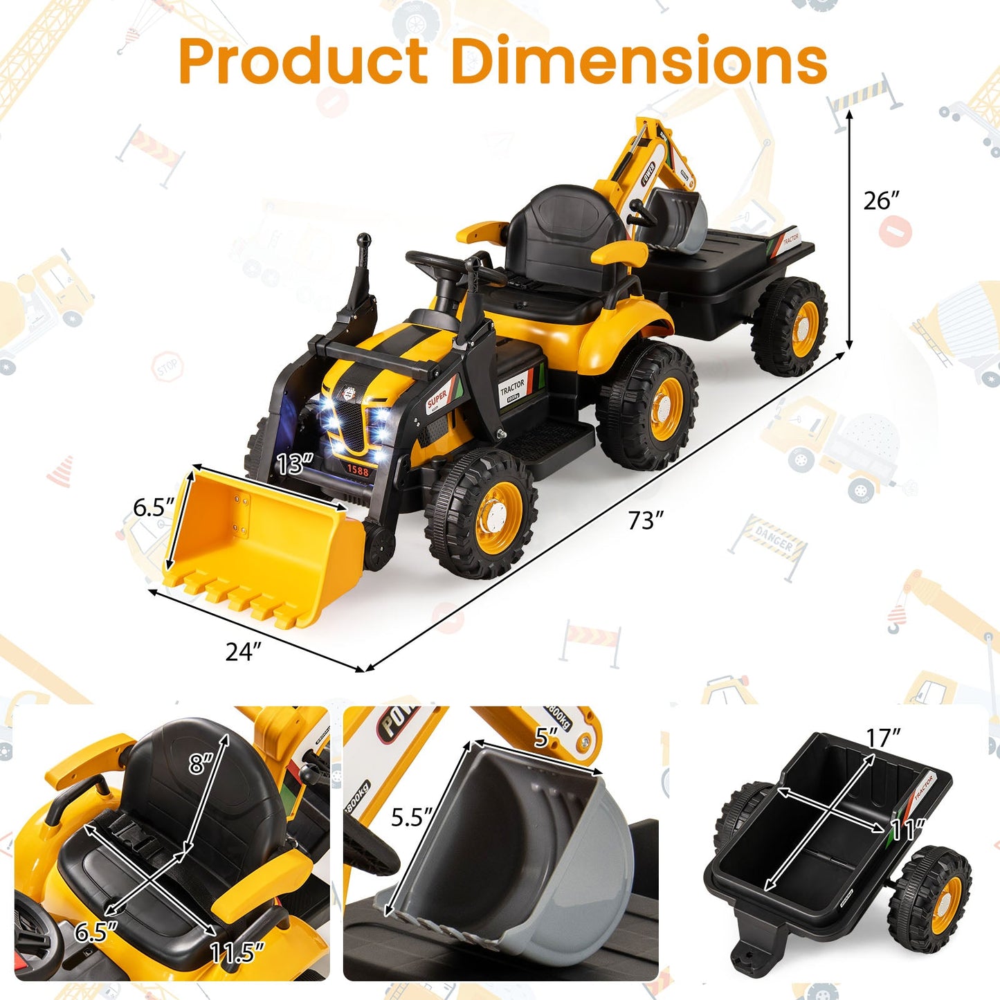 4-in-1 Kids Ride on Tractor 12V Excavator Bulldozer with Remote Control-Yellow