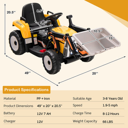 12V Battery Powered Kids Ride on Excavator with Adjustable Arm and Bucket