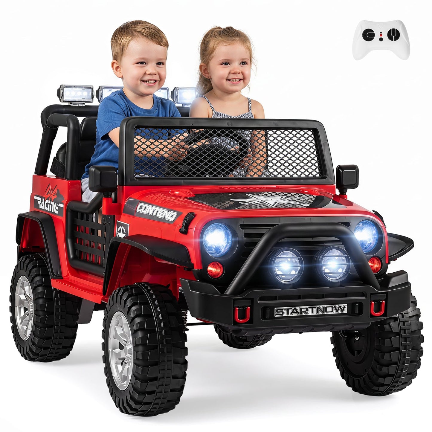 12V electric kids ride on car 2-seater red with remote control by DirectDeals, two kids inside on Tampa Home & Garden Store