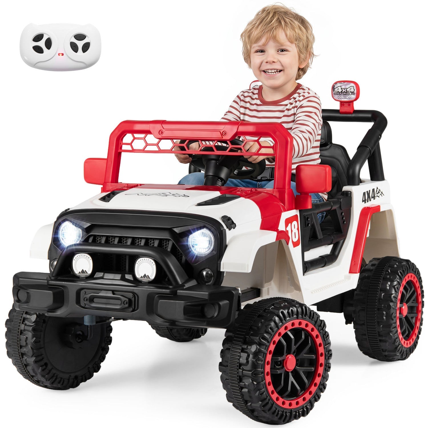 12V kids ride-on truck by DirectDeals in white/red with remote control and 3 speeds on Tampa Home & Garden Store