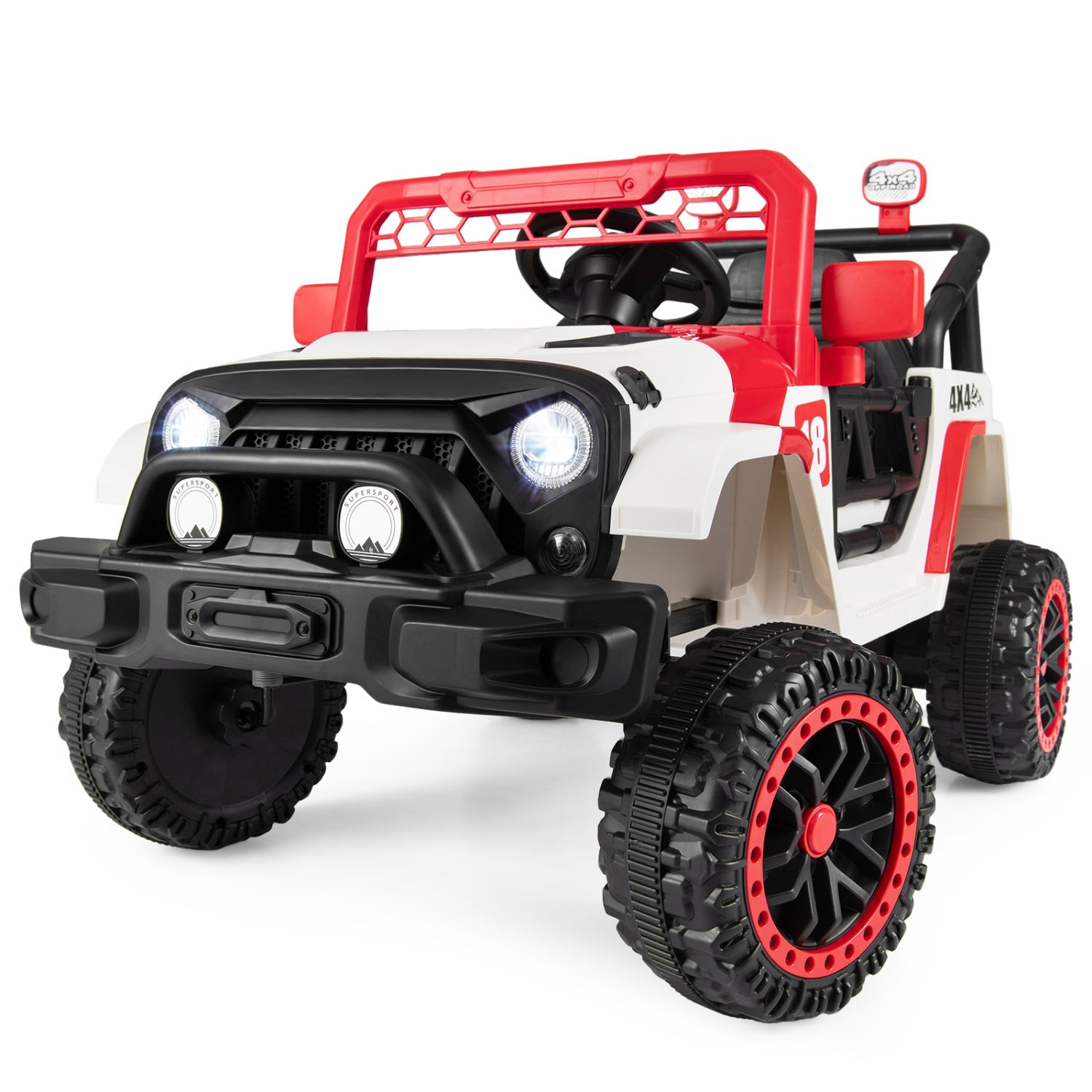 12V kids ride-on truck in red, white and black with rugged off-road wheels on Tampa Home & Garden Store