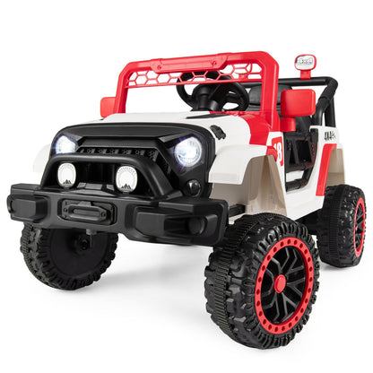 12V kids ride-on truck in red, white and black with rugged off-road wheels on Tampa Home & Garden Store