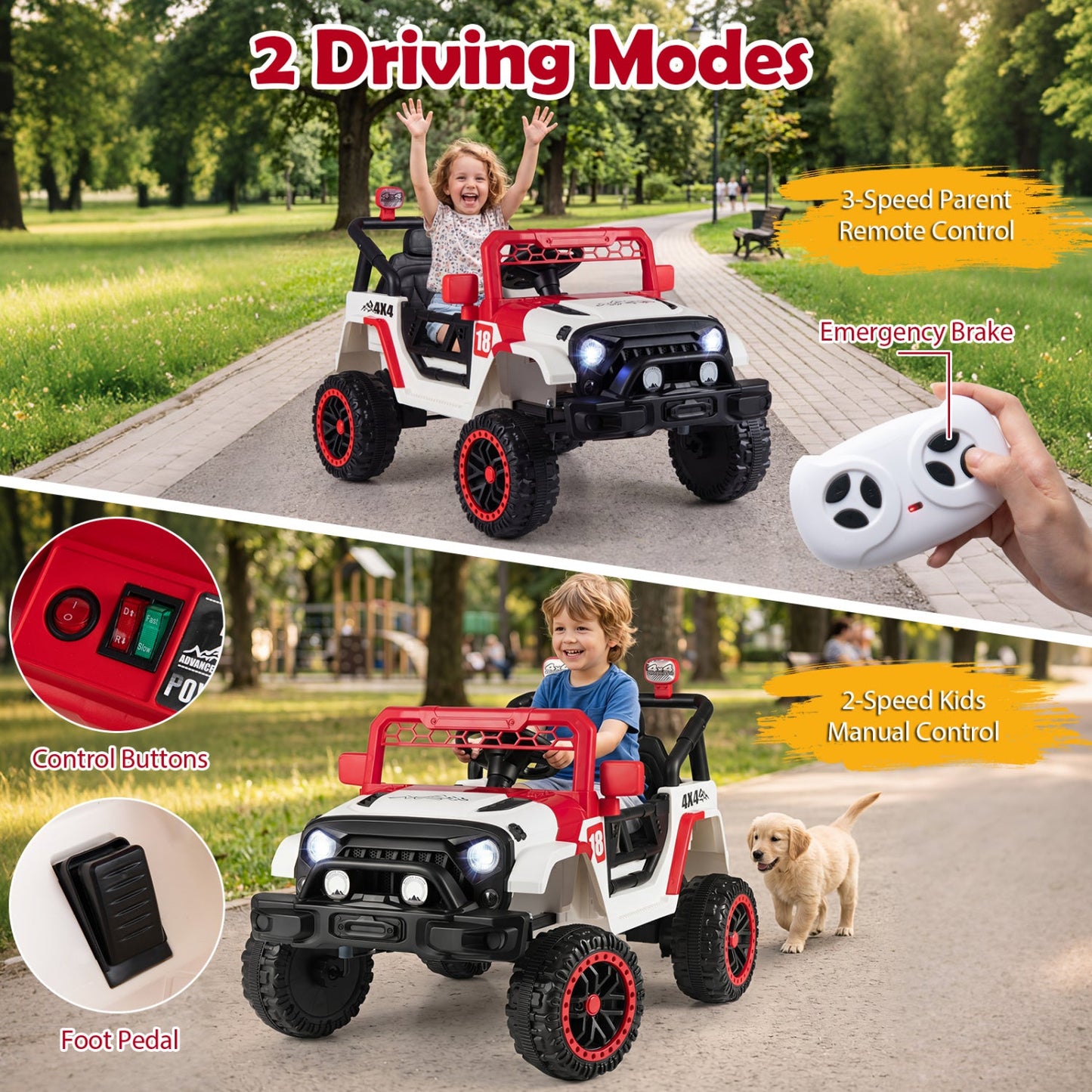 12V Kids Ride On Truck with Remote and 3 Speeds by DirectDeals, red and white off-road toy on Tampa Home & Garden Store