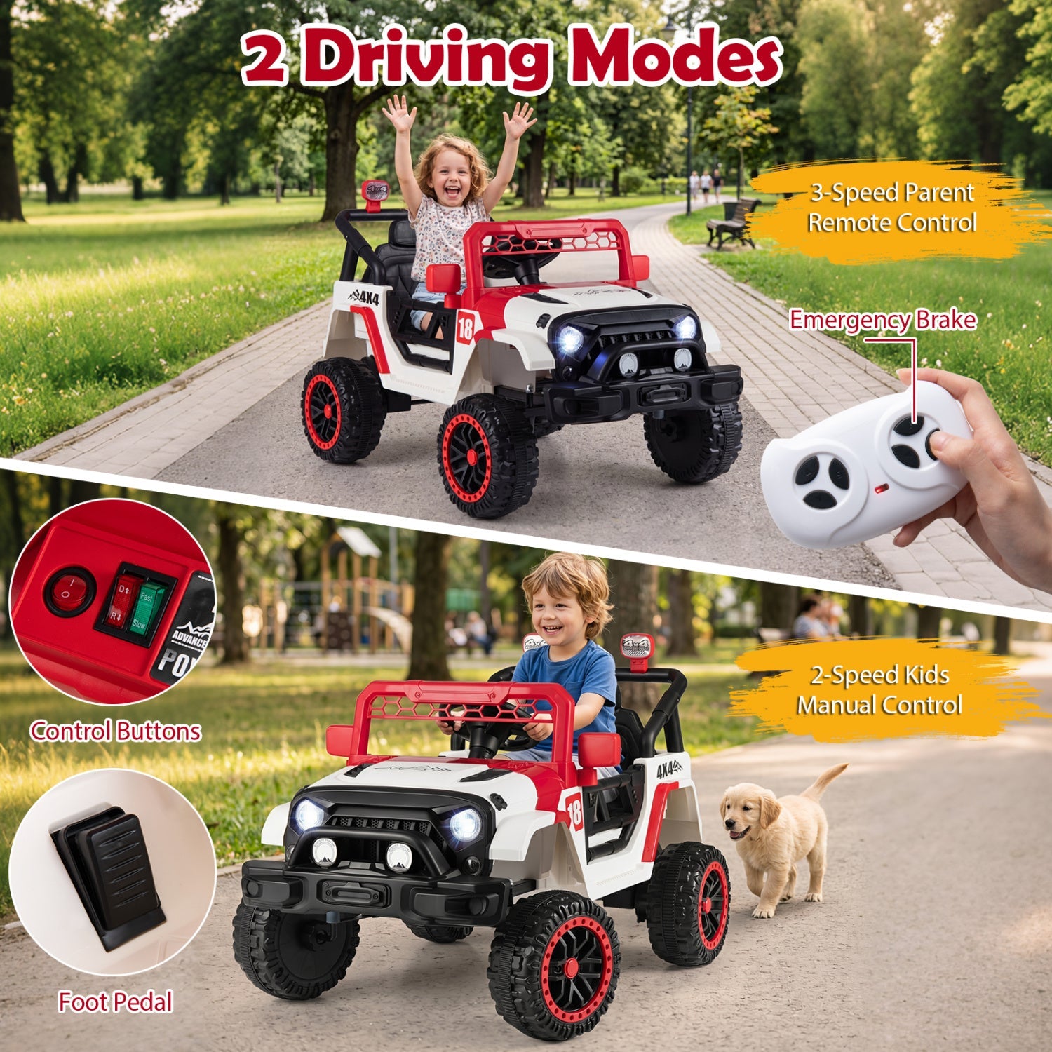 12V Kids Ride On Truck with Remote and 3 Speeds by DirectDeals, red and white off-road toy on Tampa Home & Garden Store