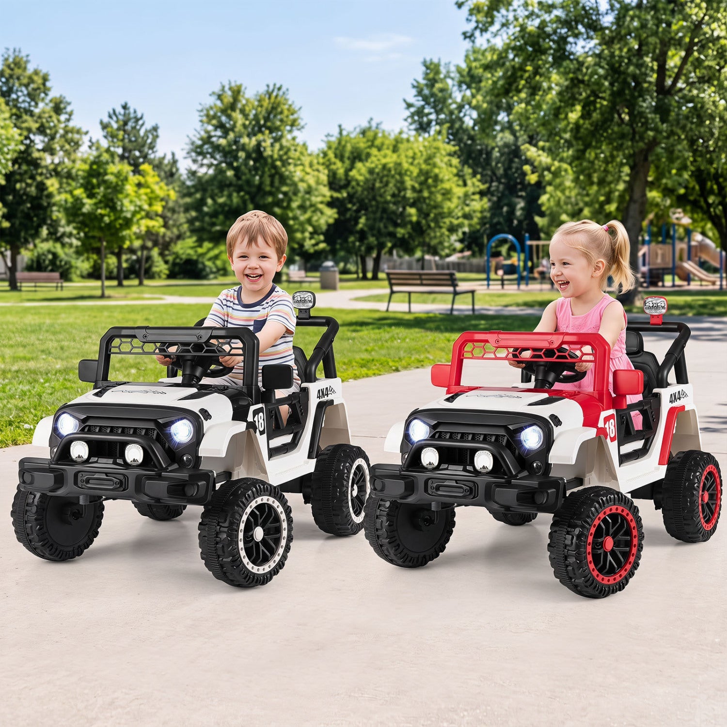 Two 12V kids ride-on trucks with remote control and 3 speeds in white and red DirectDeals on Tampa Home & Garden Store