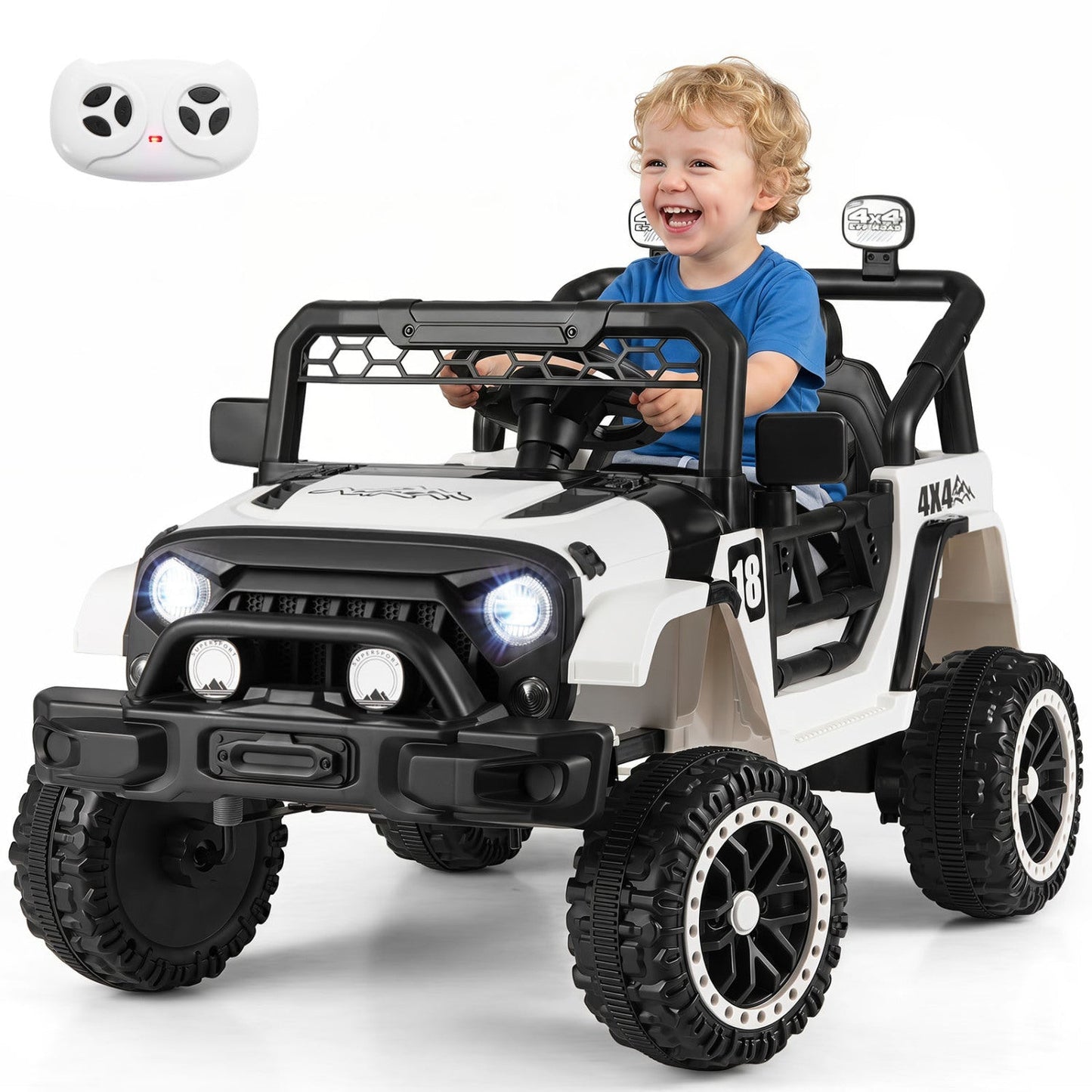 12V Kids Ride On Truck by DirectDeals, white 4x4 SUV with remote and 3 speeds on Tampa Home & Garden Store
