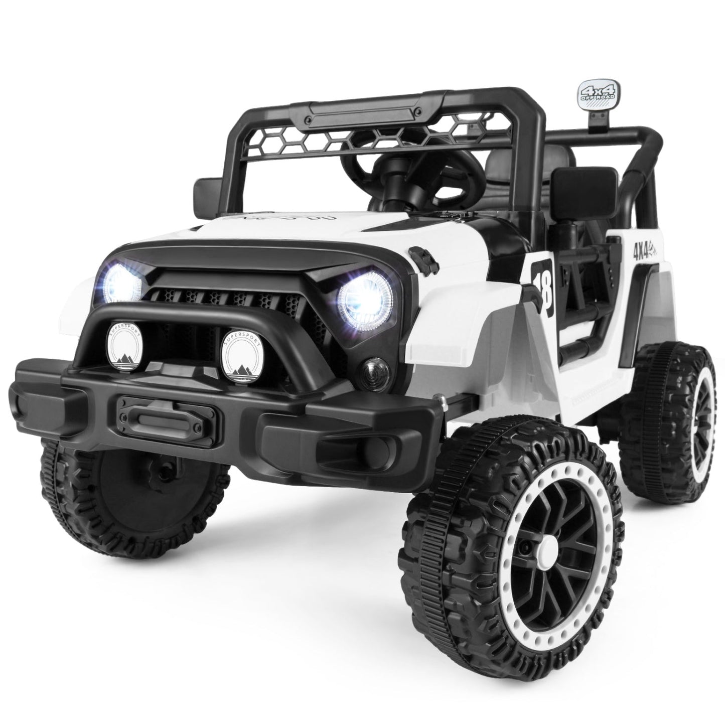 12V Kids Ride On Truck with remote control, 3 speeds, white with black accents, 4x4 tires on Tampa Home & Garden Store