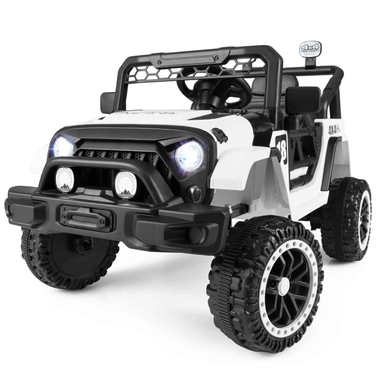 12V Kids Ride On Truck with remote control, 3 speeds, white with black accents, 4x4 tires on Tampa Home & Garden Store