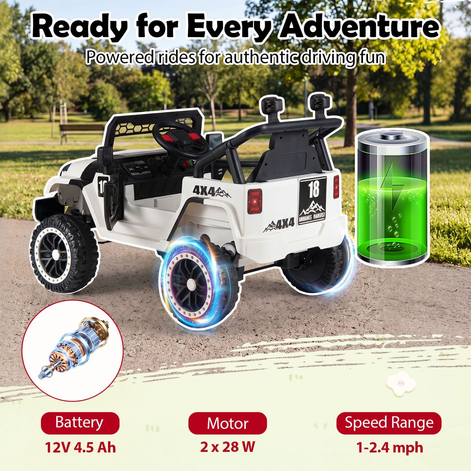 DirectDeals 12V Kids Ride On Truck with Remote Control, white 4x4 off-road jeep, 3 speeds on Tampa Home & Garden Store