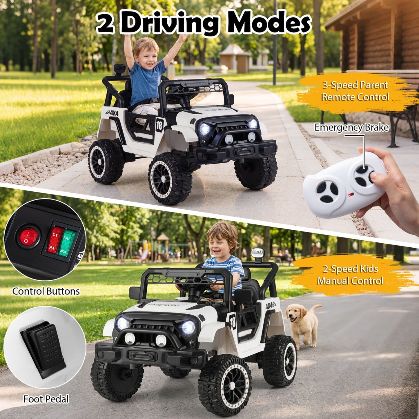 DirectDeals 12V Kids Ride On Truck with Remote, white and black, 3 speeds, two units shown on Tampa Home & Garden Store