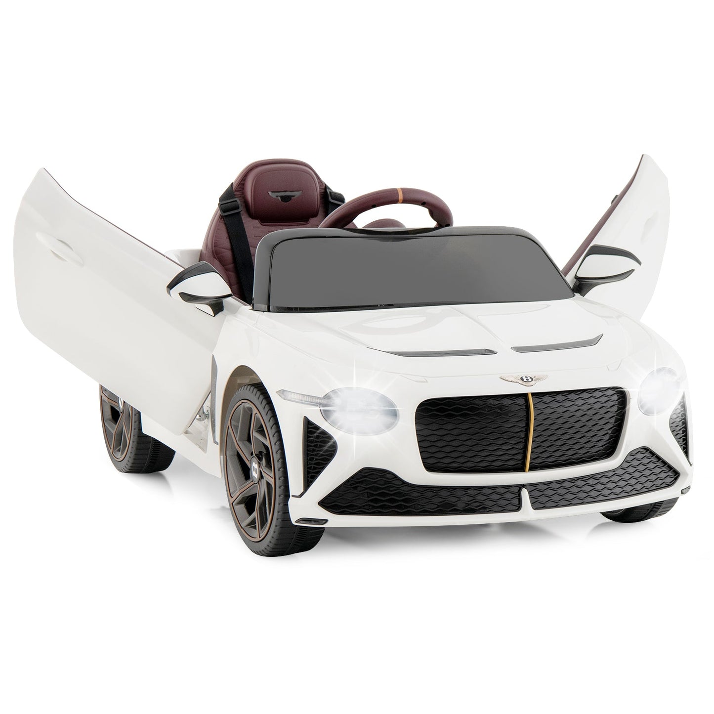 12V licensed Bentley Bacalar kids ride-on car, white with burgundy seat and open doors on Tampa Home & Garden Store