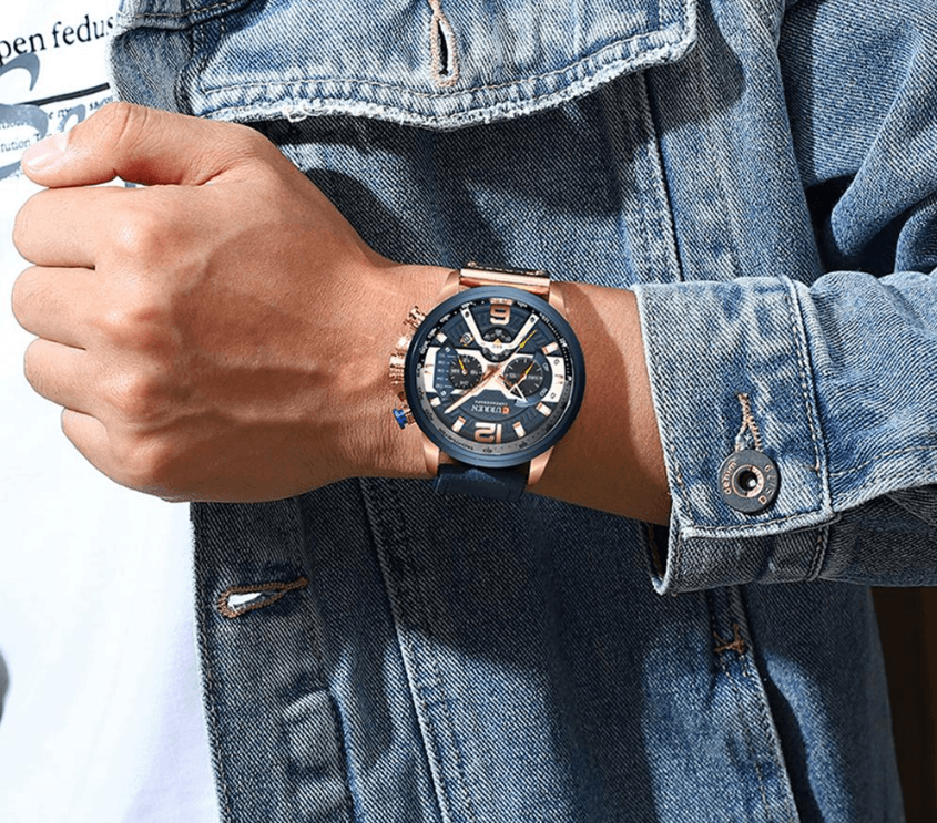 Men's Stevvex sports watch with blue dial, blue strap, rose-gold case, chronograph subdials on Tampa Home & Garden Store
