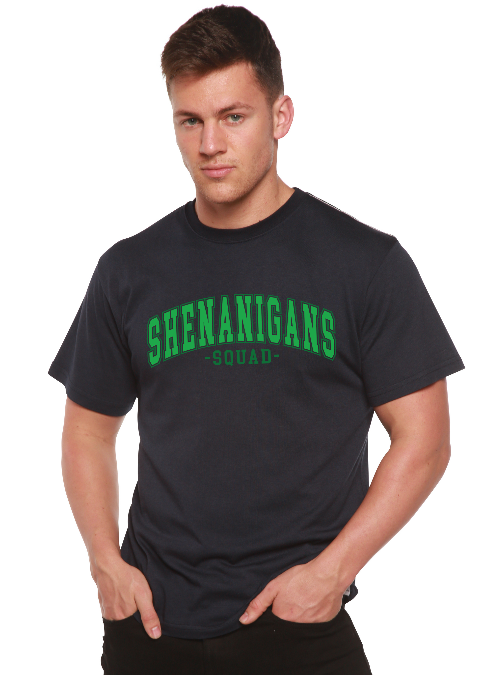Shenanigans Squad unisex bamboo/cotton graphic T-shirt dark navy with green print on Tampa Home & Garden Store