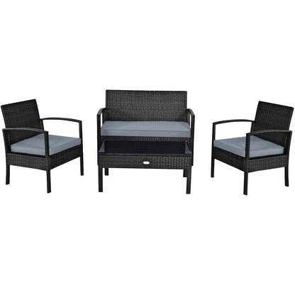 Juego de muebles de patio de ratán de 4 piezas con cojines, sofá de dos plazas y mesa - Marrón
