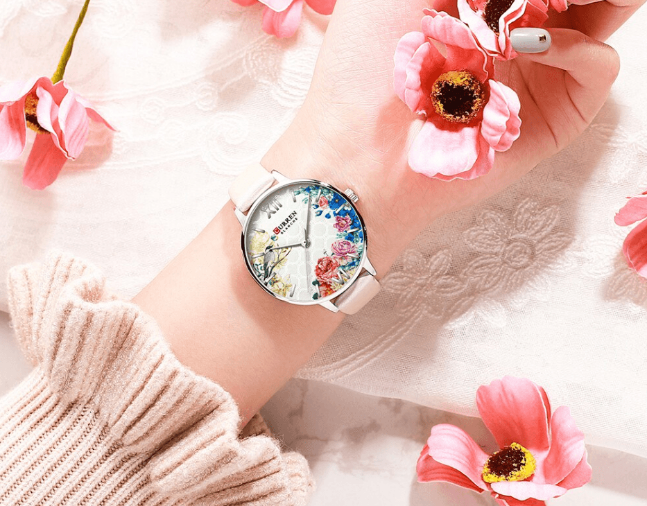Stevvex women's watch with decoupage flower dial and large Roman numerals, white strap on Tampa Home & Garden Store