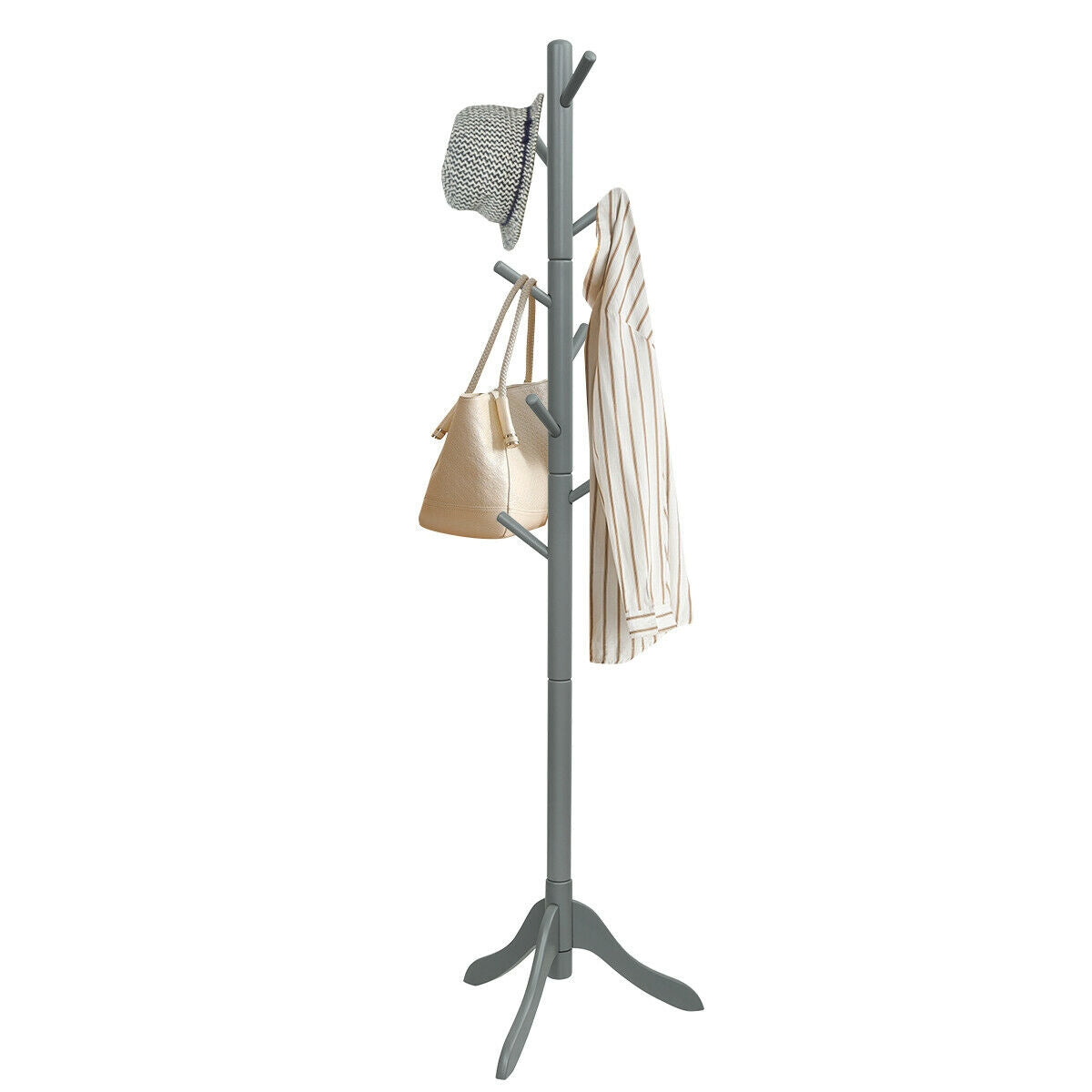 Adjustable Wooden Tree Coat Rack with 8 Hooks-Gray