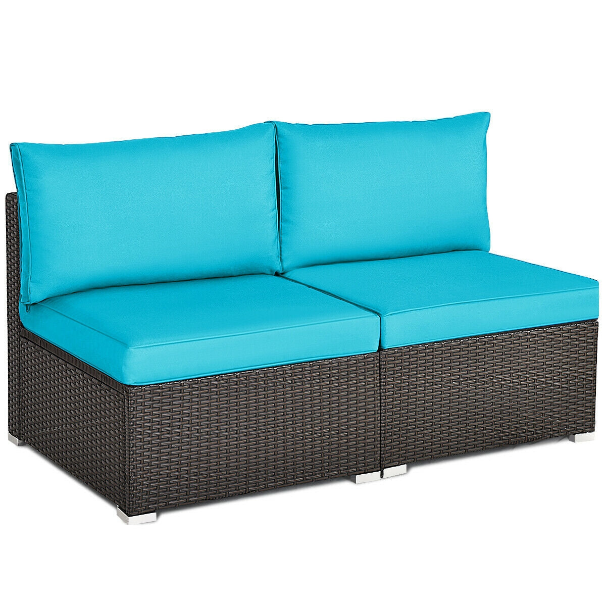 2 Pieces Patio Rattan Armless Sofa Set with 2 Cushions and 2 Pillows-Navy