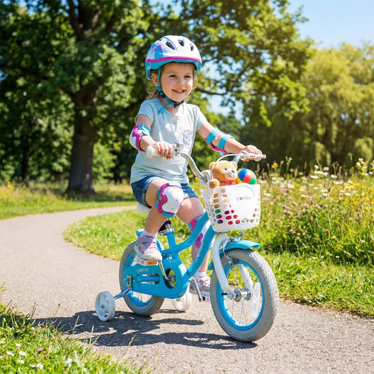 Kids Bike 12 Inch DirectDeals with training wheels, blue frame and adjustable seat on Tampa Home & Garden Store
