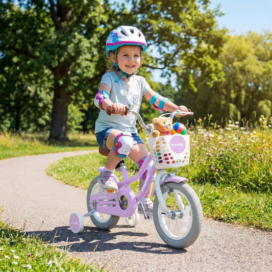 Kids Bike 12 Inch DirectDeals with training wheels, pink frame, front storage basket on Tampa Home & Garden Store