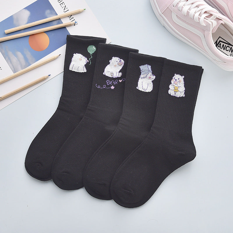 Stevvex black cotton crew socks 4-pair set with embroidered bear designs mid waist on Tampa Home & Garden Store