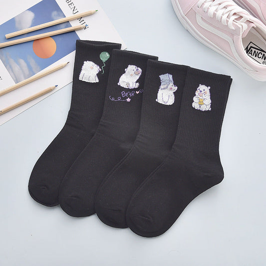 Stevvex black cotton crew socks 4-pair set with embroidered bear designs mid waist on Tampa Home & Garden Store