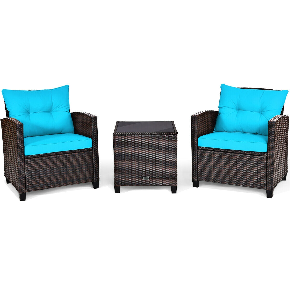 3 Pcs Patio Rattan Furniture Set Cushioned Conversation Set Coffee Table -Black