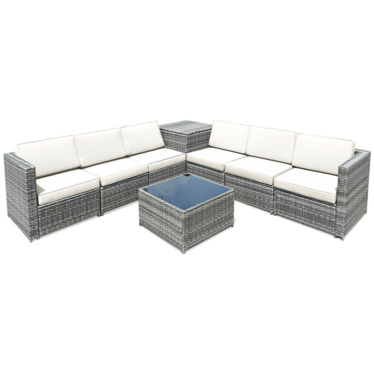8 Piece Wicker Sofa Rattan Dinning Set Patio Furniture with Storage Table-Red