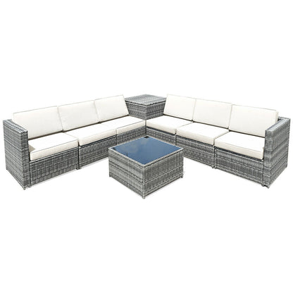 8 Piece Wicker Sofa Rattan Dinning Set Patio Furniture with Storage Table-Red