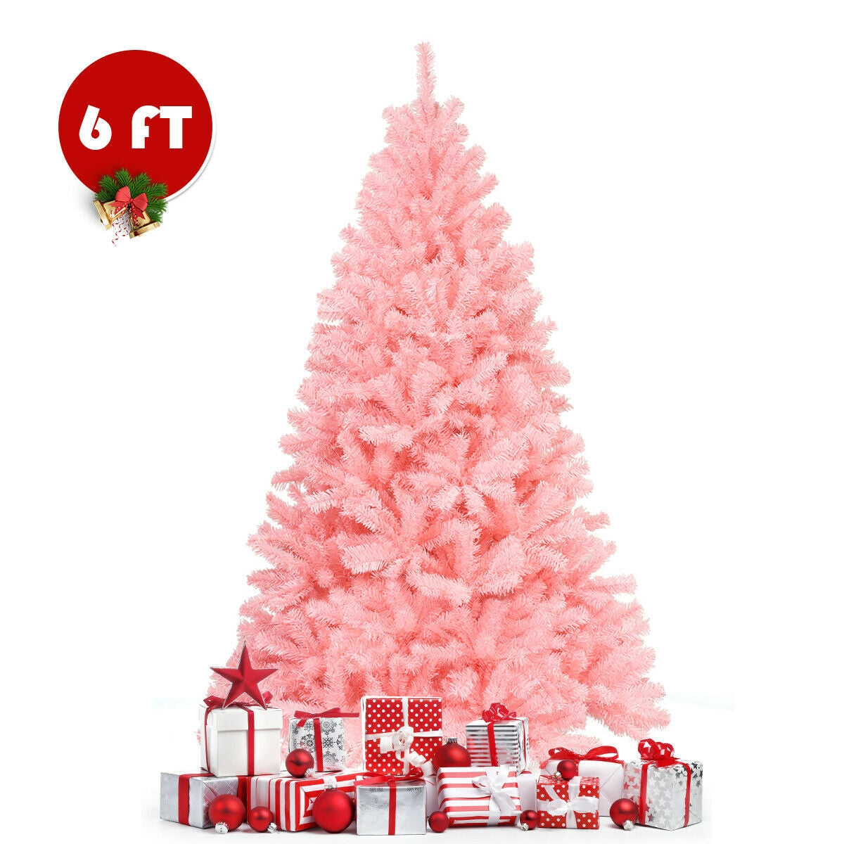 Árbol de Navidad Completo de Abeto Rosa Artificial con Bisagras de 6 Pies con Soporte de Metal Plegable