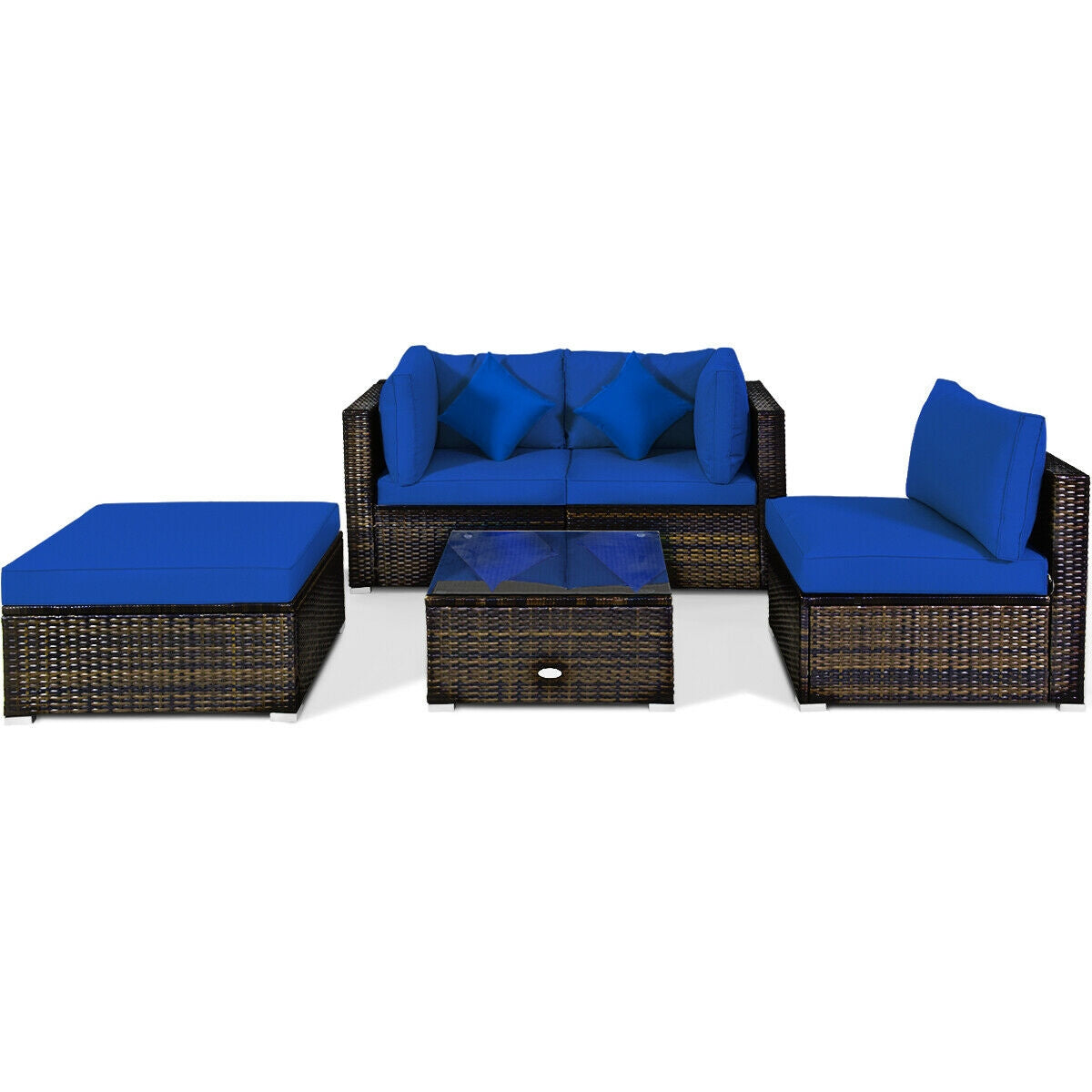 5 Pcs Outdoor Patio Rattan Furniture Set Sectional Conversation with Navy Cushions-Red