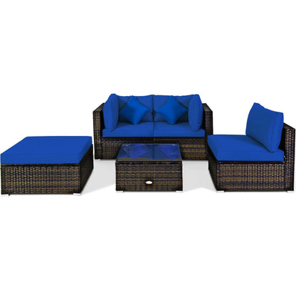 5 Pcs Outdoor Patio Rattan Furniture Set Sectional Conversation with Navy Cushions-Red