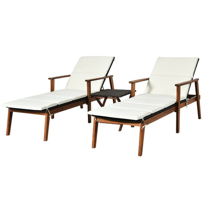 3 Pieces Portable Patio Cushioned Rattan Lounge Chair Set with Folding Table-Turquoise
