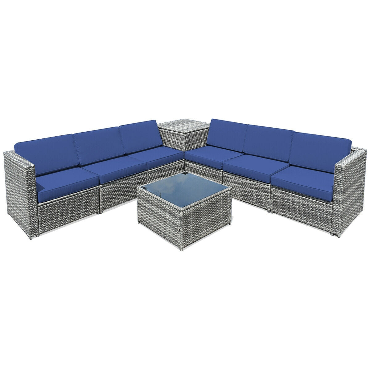 8 Piece Wicker Sofa Rattan Dinning Set Patio Furniture with Storage Table-Red