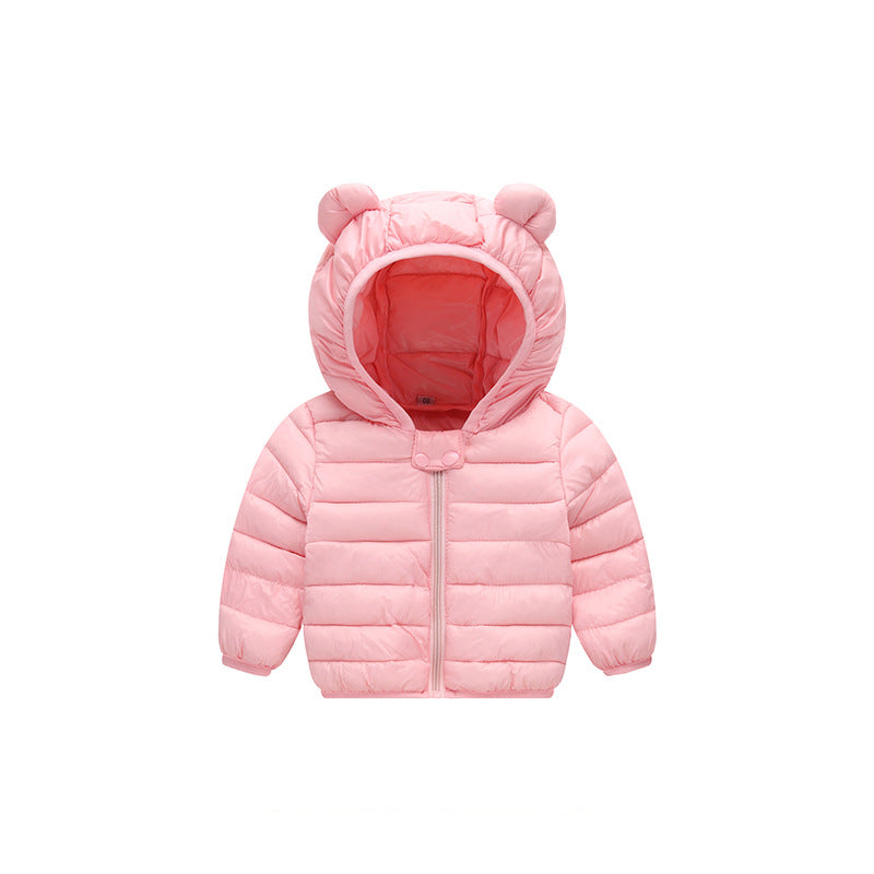 Stevvex pink puffer baby jacket with hood and bear ears on Tampa Home & Garden Store