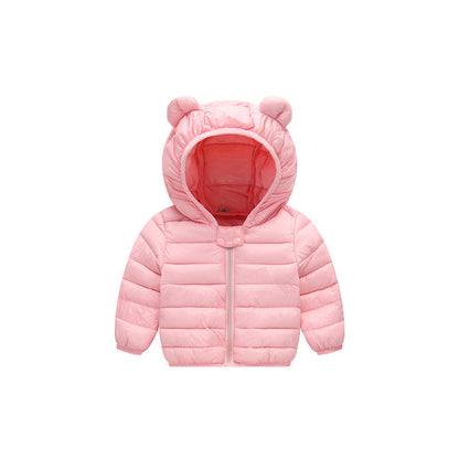 Stevvex pink puffer baby jacket with hood and bear ears on Tampa Home & Garden Store