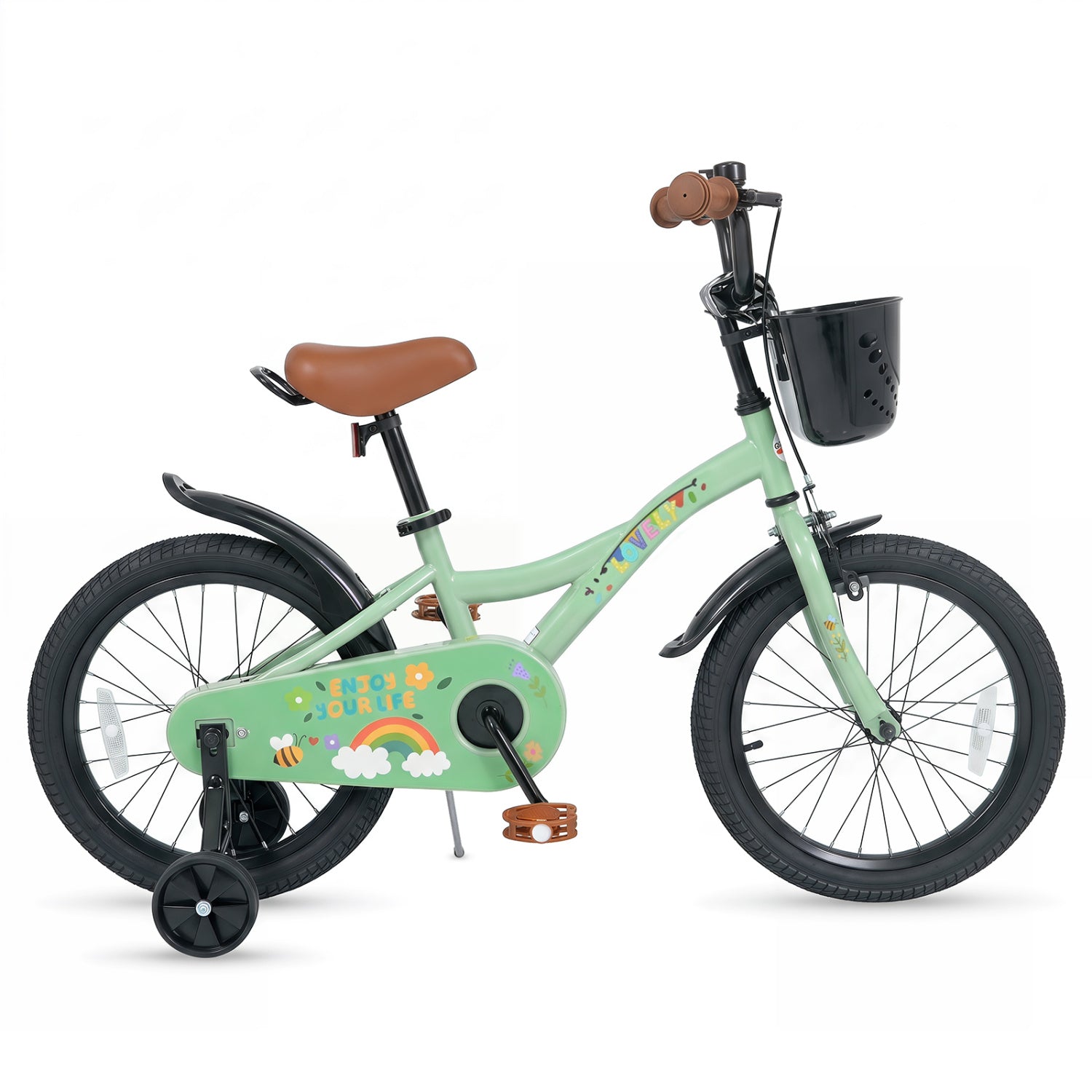 Girls 12 inch kids bike in green with brown seat, training wheels and front basket on Tampa Home & Garden Store