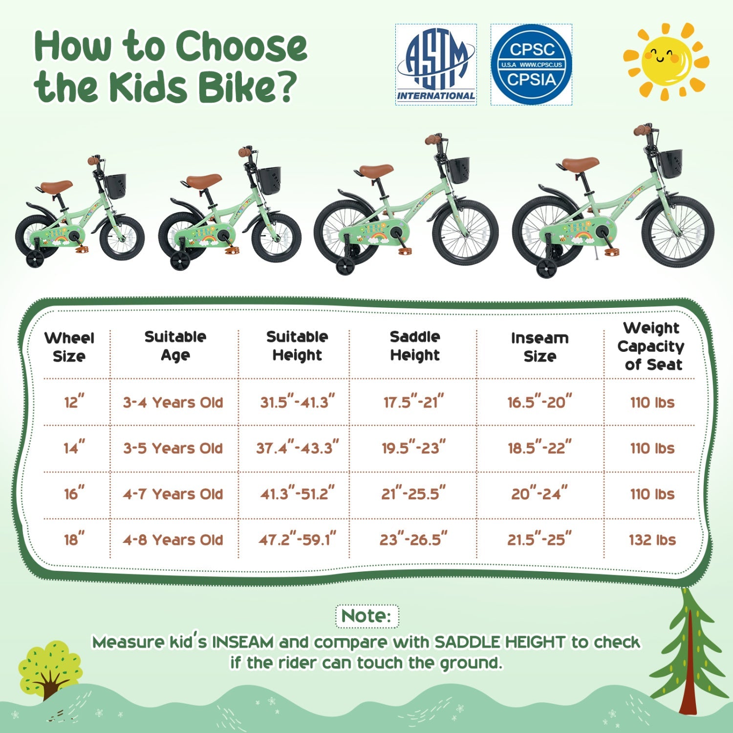 Girls 12in bike with training wheels and basket in green from DirectDeals kids bike infographic on Tampa Home & Garden Store