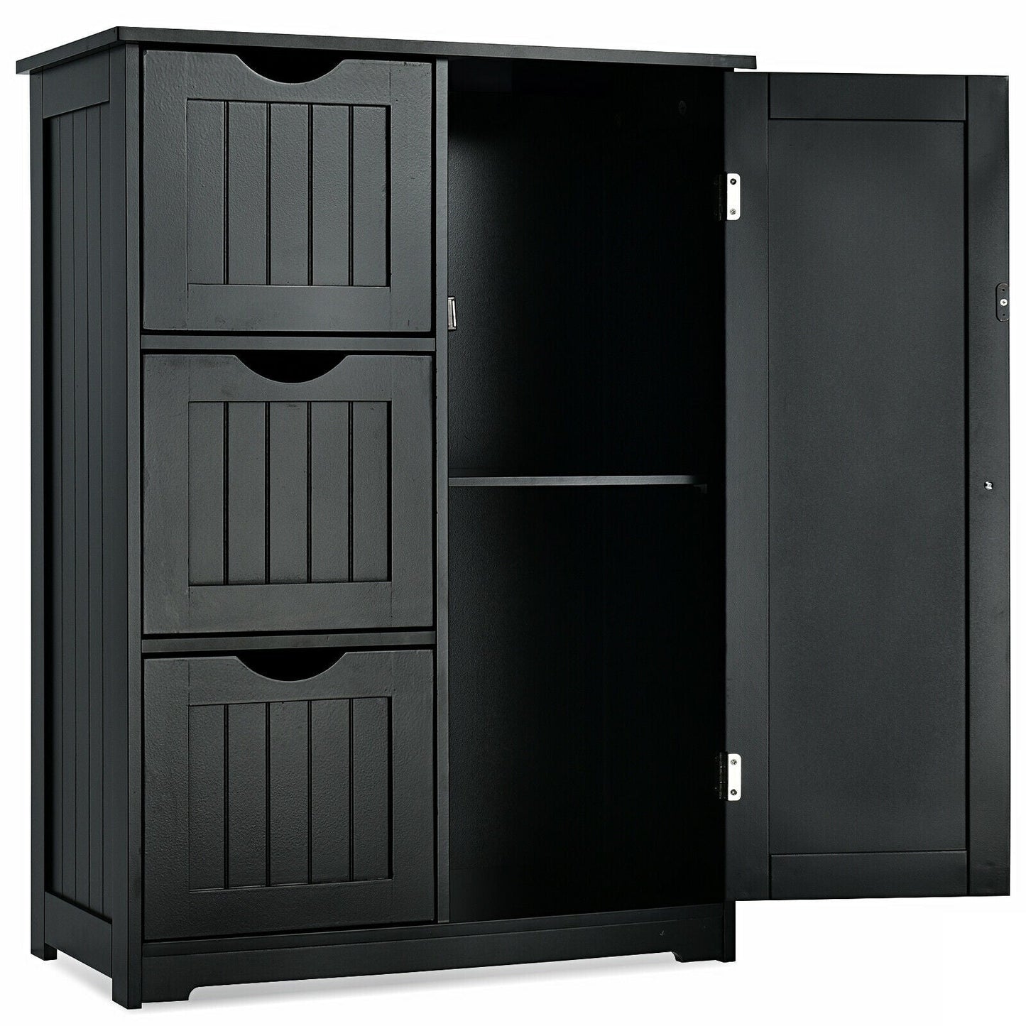 Armario de suelo para baño, armario de almacenamiento lateral con 3 cajones y 1 compartimento - Negro