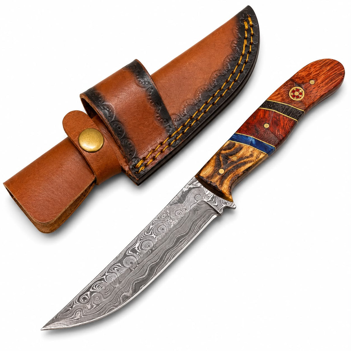 Damascus skinning knife rosewood blue resin tiger bamboo handle Titan International K TKT-9 on Tampa Home & Garden Store