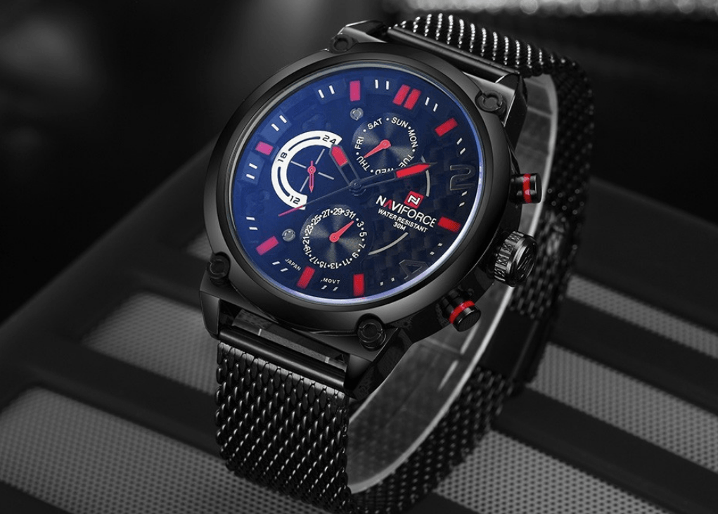 Men's multifunction quartz watch with black mesh band and blue dial, red accents Stevvex on Tampa Home & Garden Store