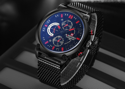 Men's multifunction quartz watch with black mesh band and blue dial, red accents Stevvex on Tampa Home & Garden Store