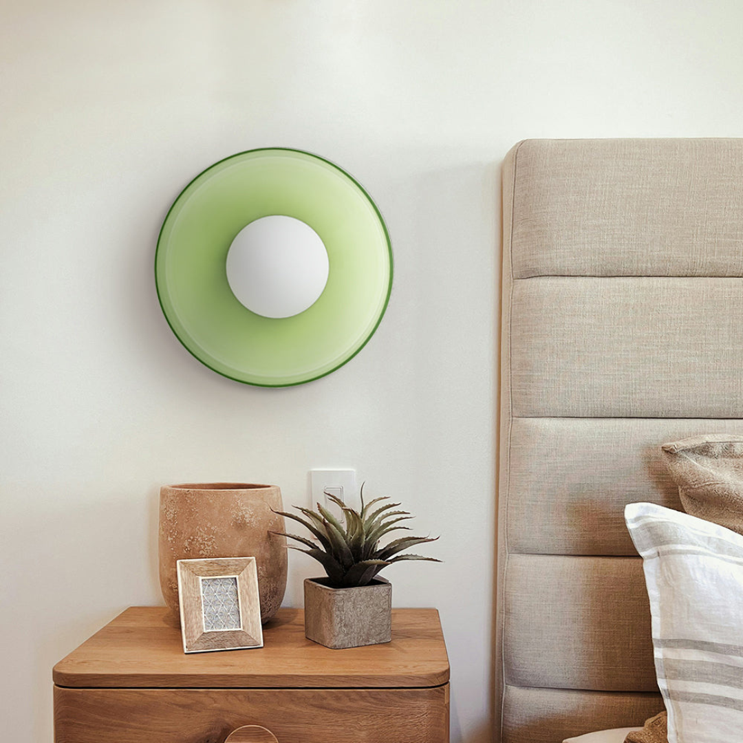 Modern LED Ceiling Light Moktan Sabai, lime green circular wall light with white diffuser on Tampa Home & Garden Store